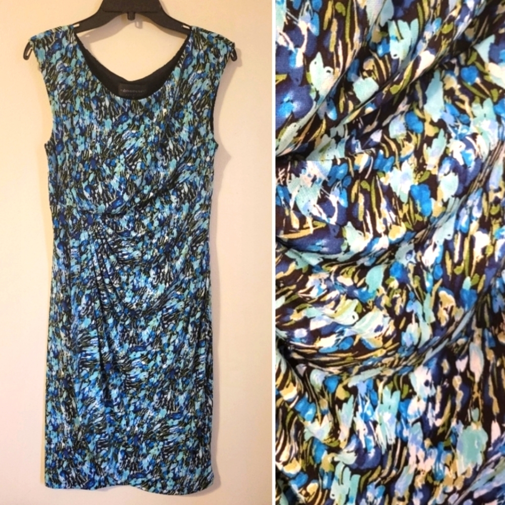 CONNECTED Apparel Blue Impressionist Dress 12 Faux Wrap